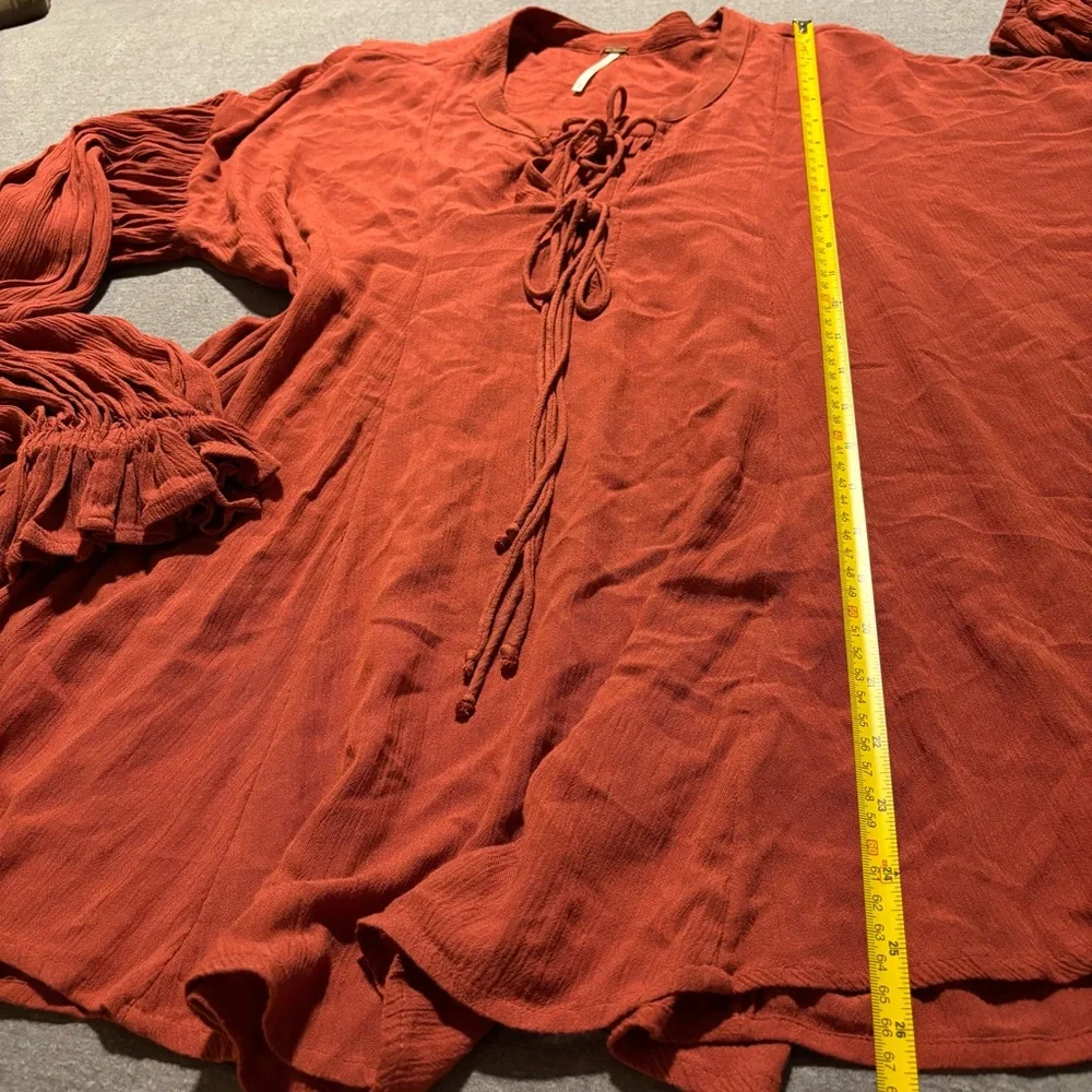 Free People Red Puff Sleeve Blouse with Tie Front